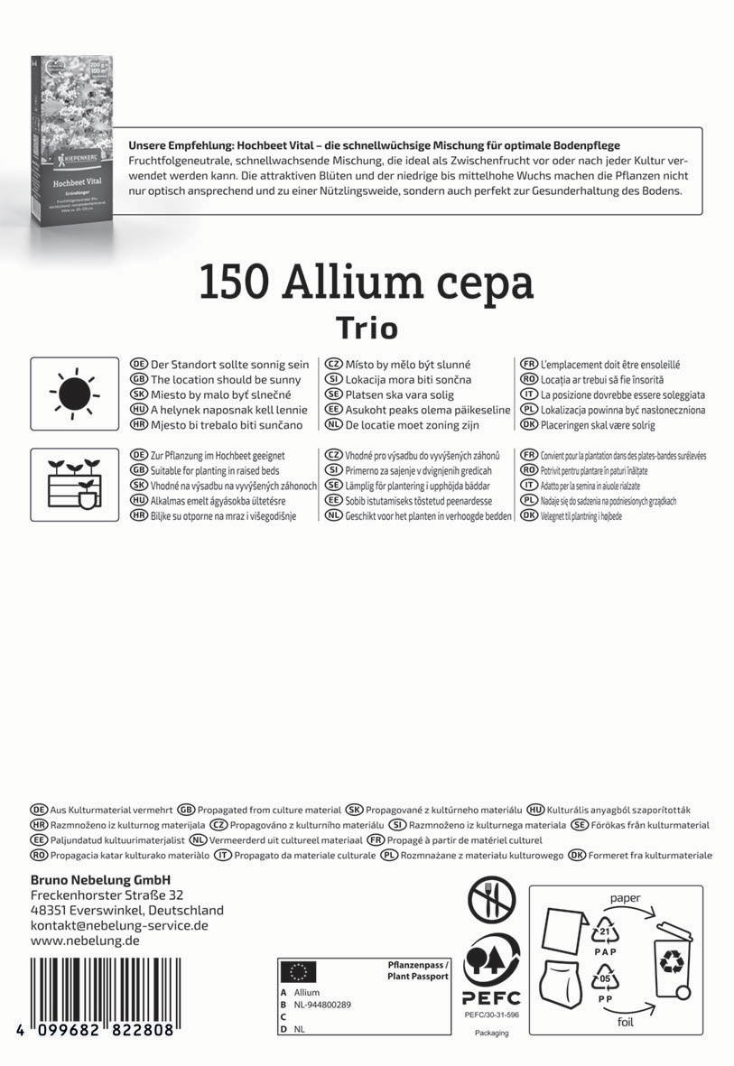 Samentyp-Nummer 150 Allium cepa Trio, europäisches Hygiene- und Verpackungssymbol, Pflanzenschutzpass.