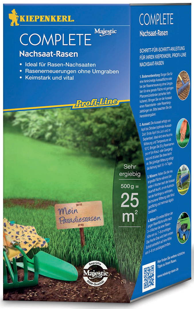 Bauanleitung für Nachsaat-Rasen, Garten mit Wiesen, Gräsern, Gründungswerkzeug, grüner Rasen, Produktname, Marke, Text.