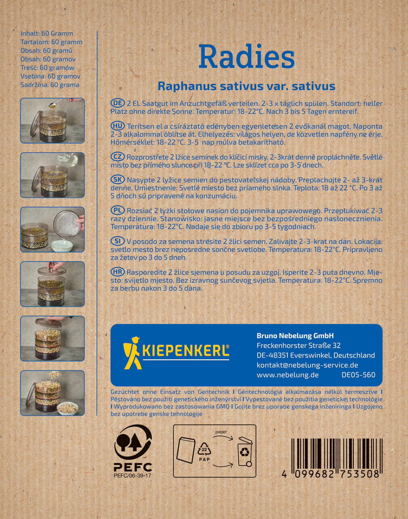 Anleitung mit Fotos, mehrere Sprachen, Samen in Behälter, Wasser, Siebe, Trocknung, Marke Kiepenkerl, Barcodelabel.