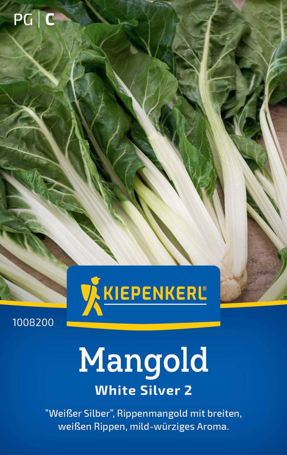 Mangold mit weißen Stielen und dunkelgrünen Blättern, auf Holztisch liegend.