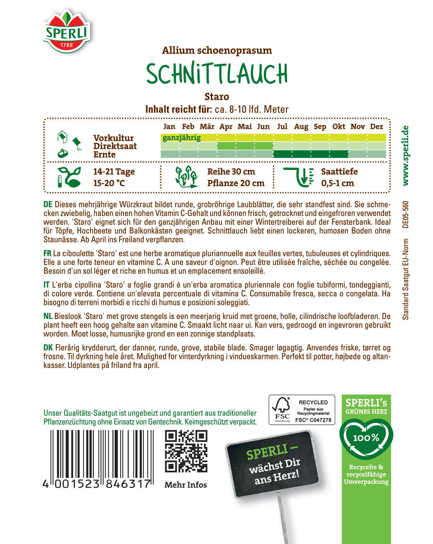 Schnittlauch im Garten, grüne, röhrige Blätter, für Beete, Balkonkasten, ab April, direktsaat, Hochbeete.