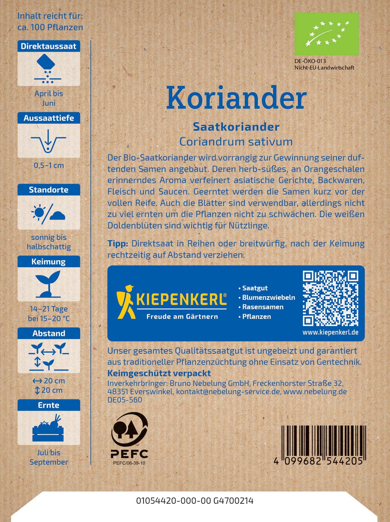 Blatt mit Text, QR-Code, PEFC-Logo, Barcodes und Produktinformationen auf braunem Hintergrund.