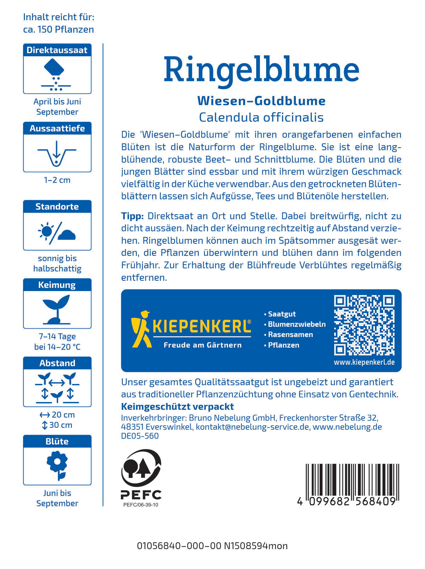 Informationstext über Ringelblumen, mit Anbauhinweisen und Produktdetails, inklusive QR-Code und Barcode.
