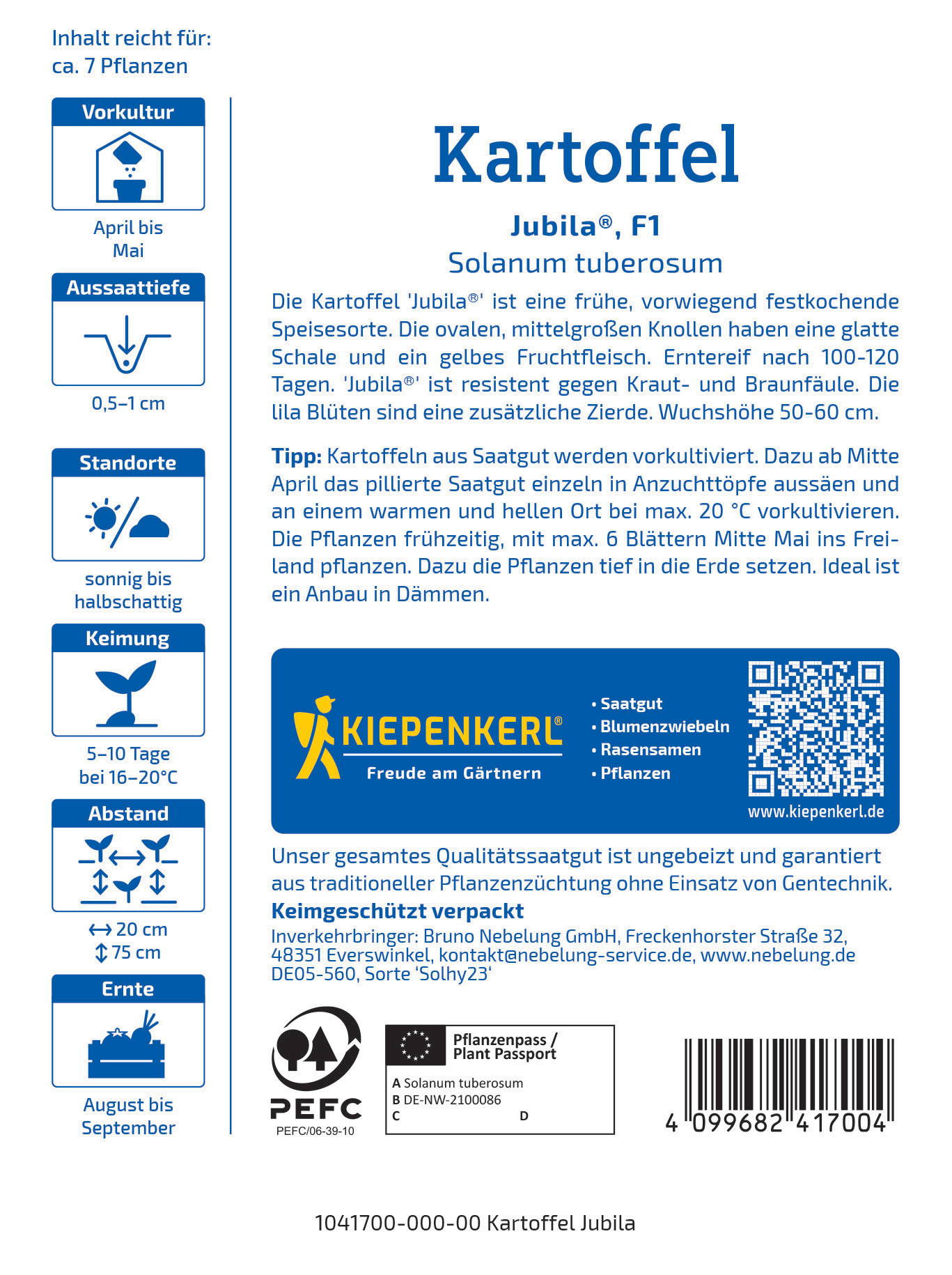 Text mit Pflanzinformationen, Symbolen für Pflanzzeit, Keimdauer, Abstand und Erntezeit, QR-Code, Logo und Barcode.