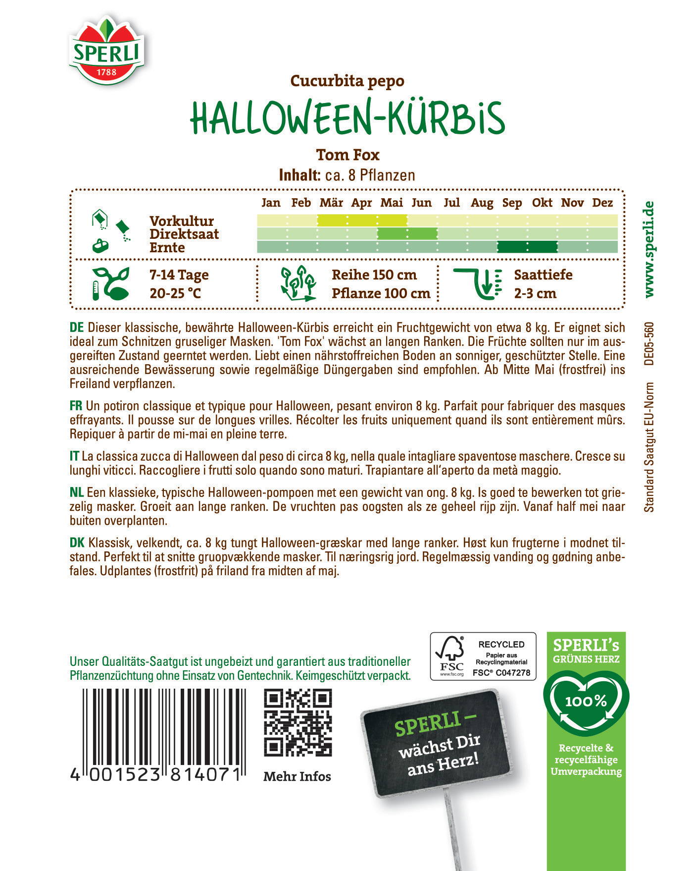 Halloween-Kürbis Cucurbita pepo mit Kürbissamen, ca. 8 kg, wächst im Juni bis Oktober, Ernte im Oktober, lange Ranken