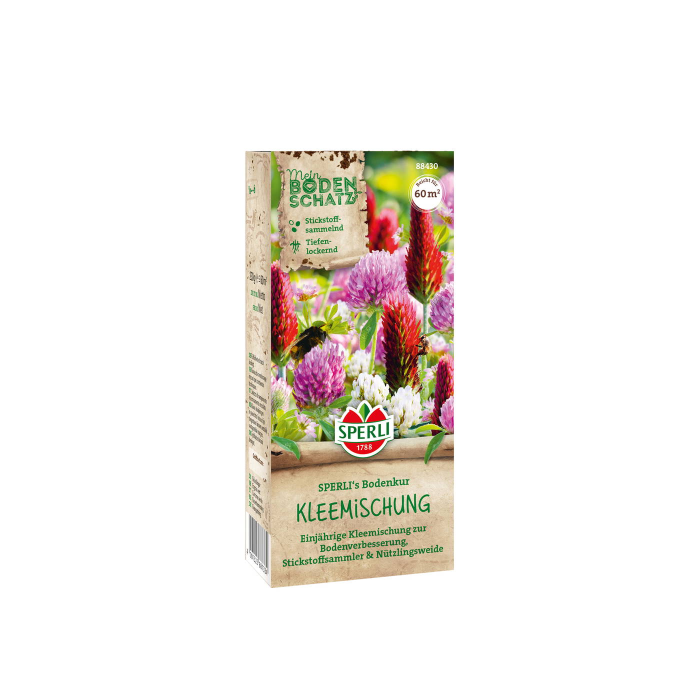 Bodenmischung mit bunten Blumen, Biene und Blüte auf naturbelassenem Hintergrund, Verpackung mit grüner Marke und Schrift.