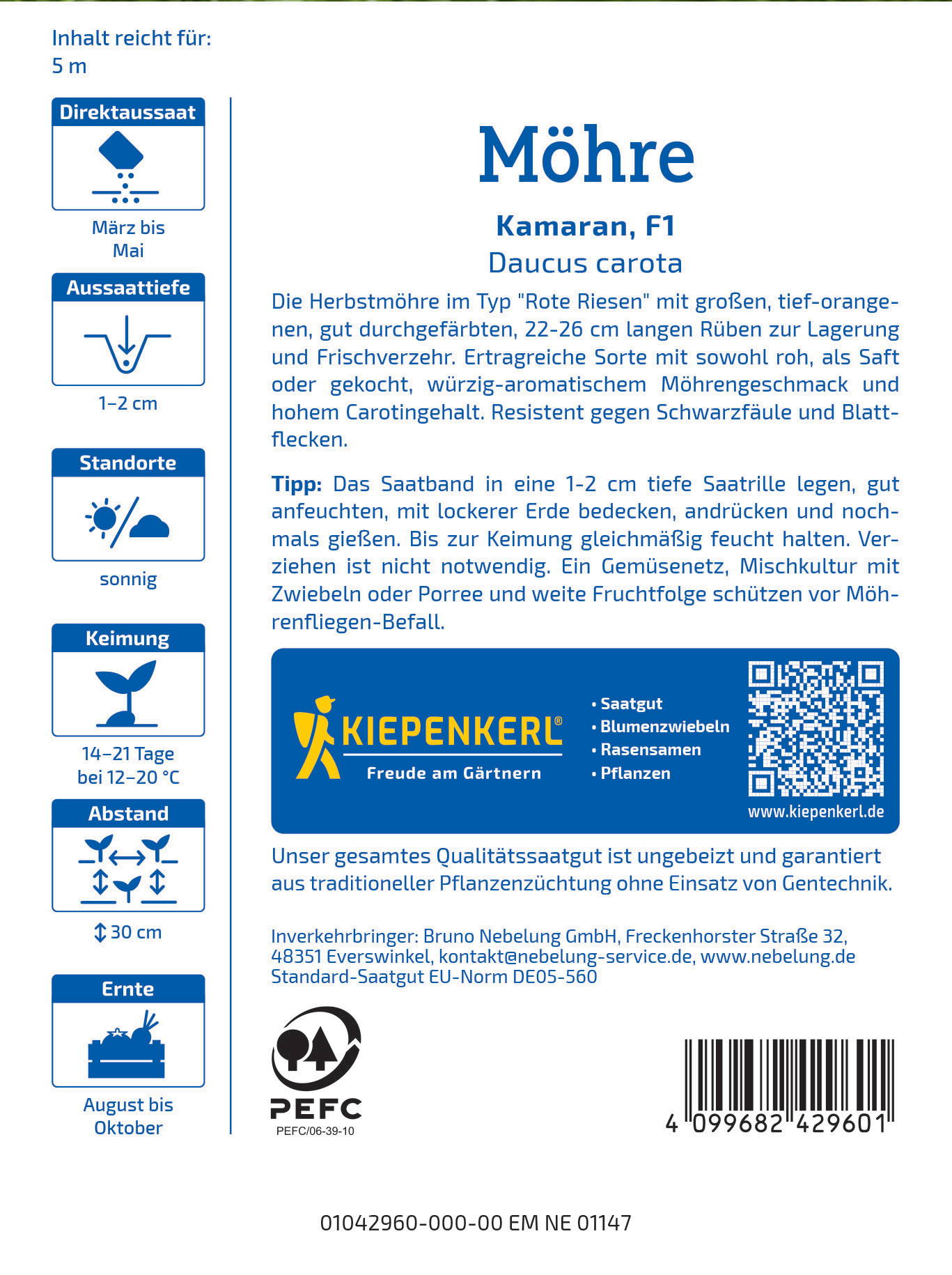 Informationstafel mit Details zu Möhre, Sorten, Anbau, Keimdauer, Abstand, Erntezeit und Produkt in blauer Farbe.