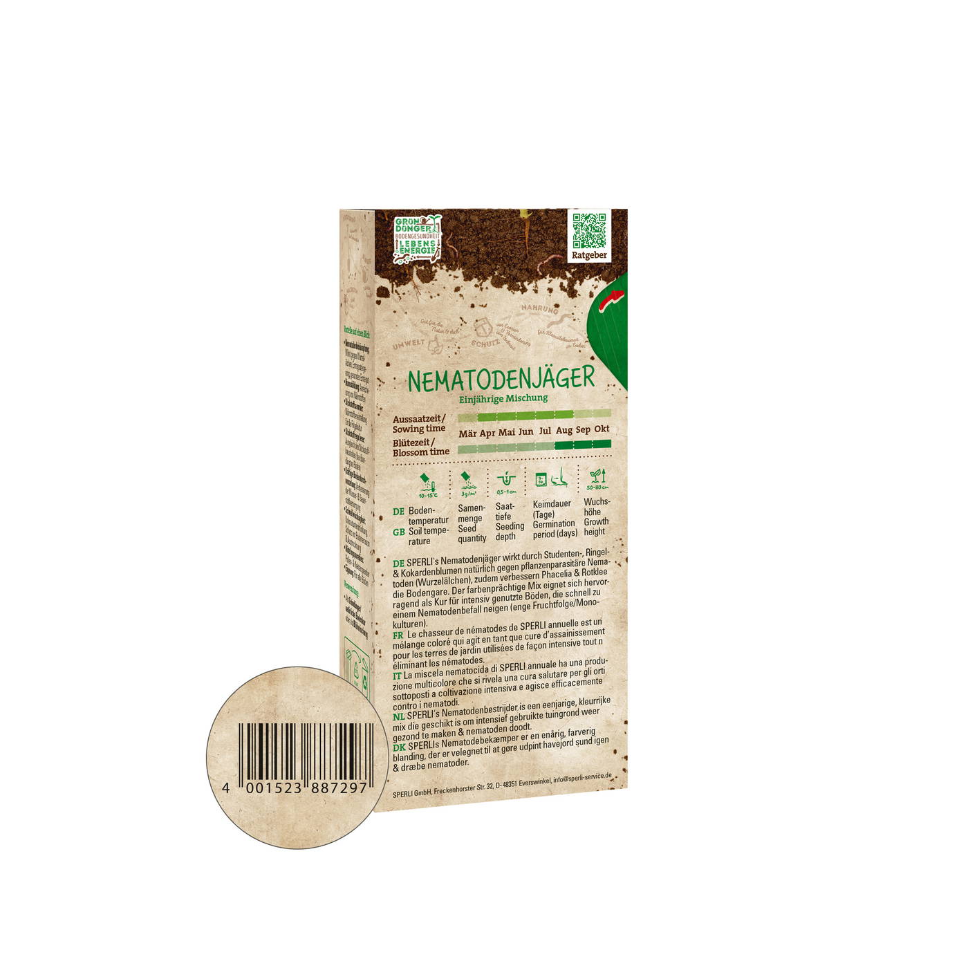 Päckchen mit Nematodenjäger Samen, grünes und braunes Design, Barcode unten, Text in Deutsch, französisch, niederländisch.