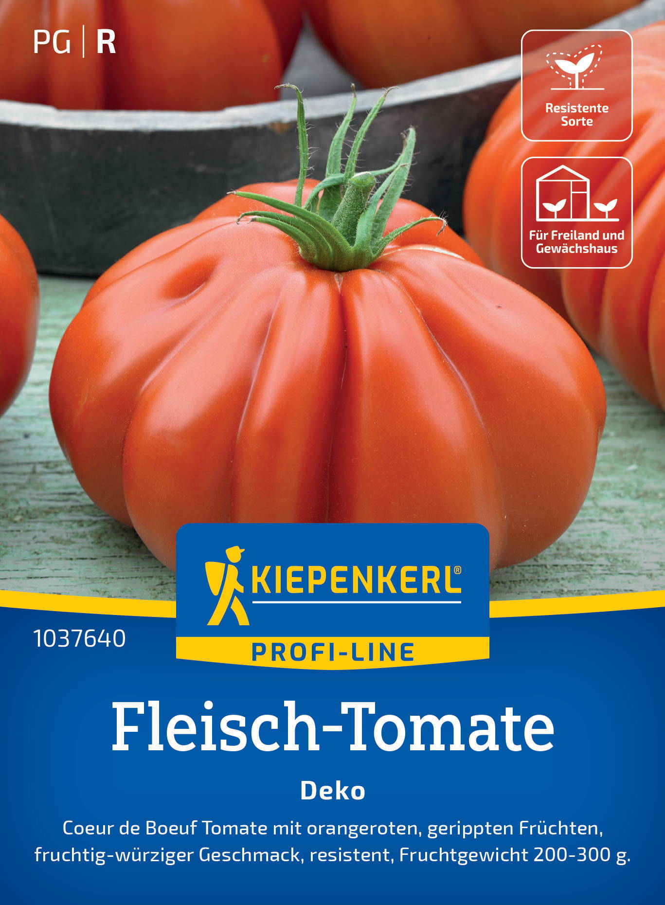 Große, gerippte, orangefarbene Fleisch-Tomate mit grüner Fruchtstiel aufs Auge und Verpackungsaufdruck.