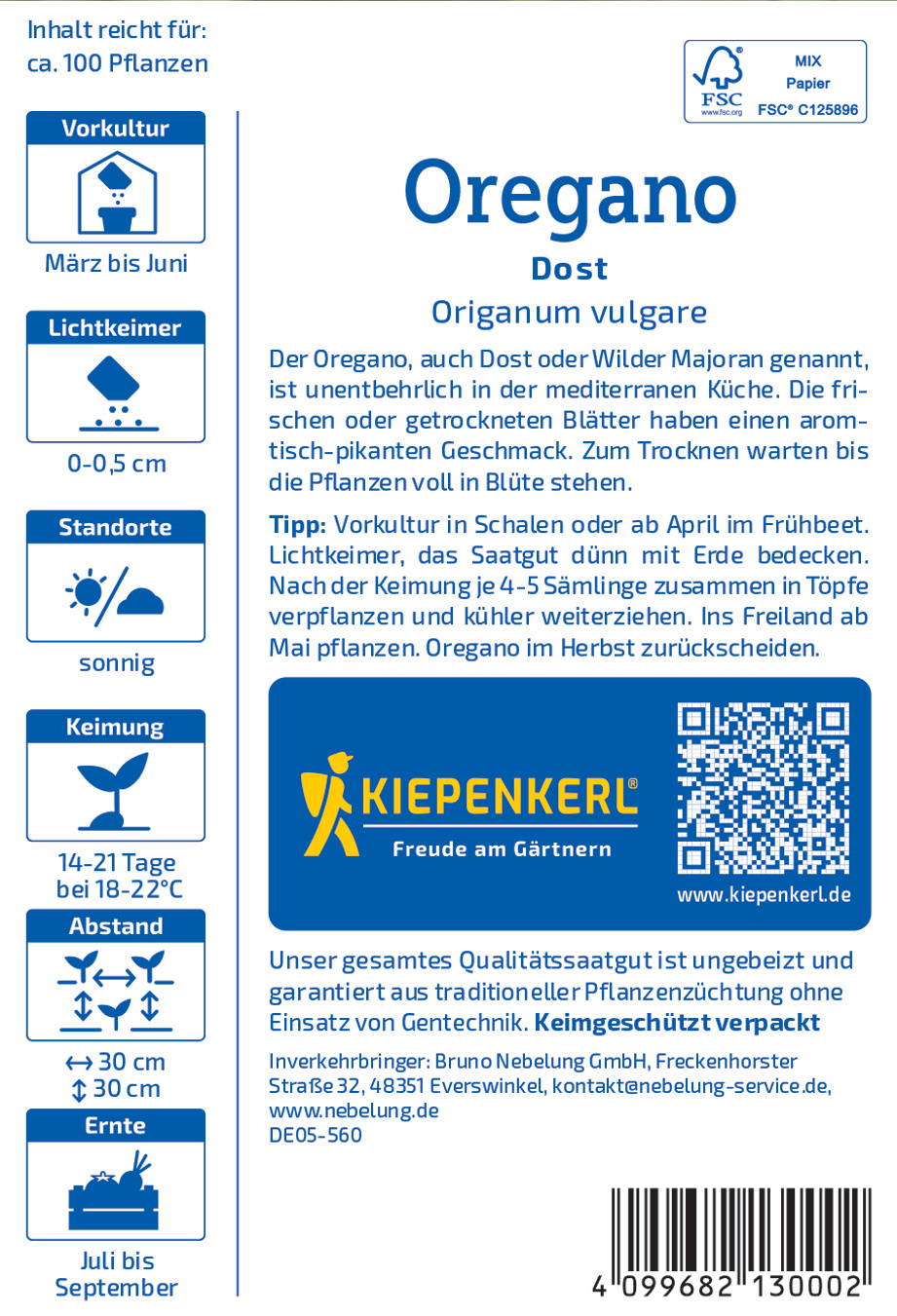 Pflanzensamen Samentütchen mit Oregano, Origano vulgaris, sonnig, 14-21 Tage Keimdauer, Juli bis September.