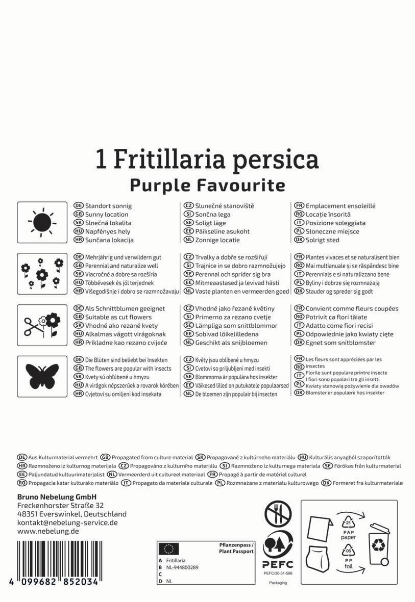 Zweiteiliges Bild mit Text und Symbolen, Beschreibung der Pflanze Fritillaria persica und Pflegehinweise