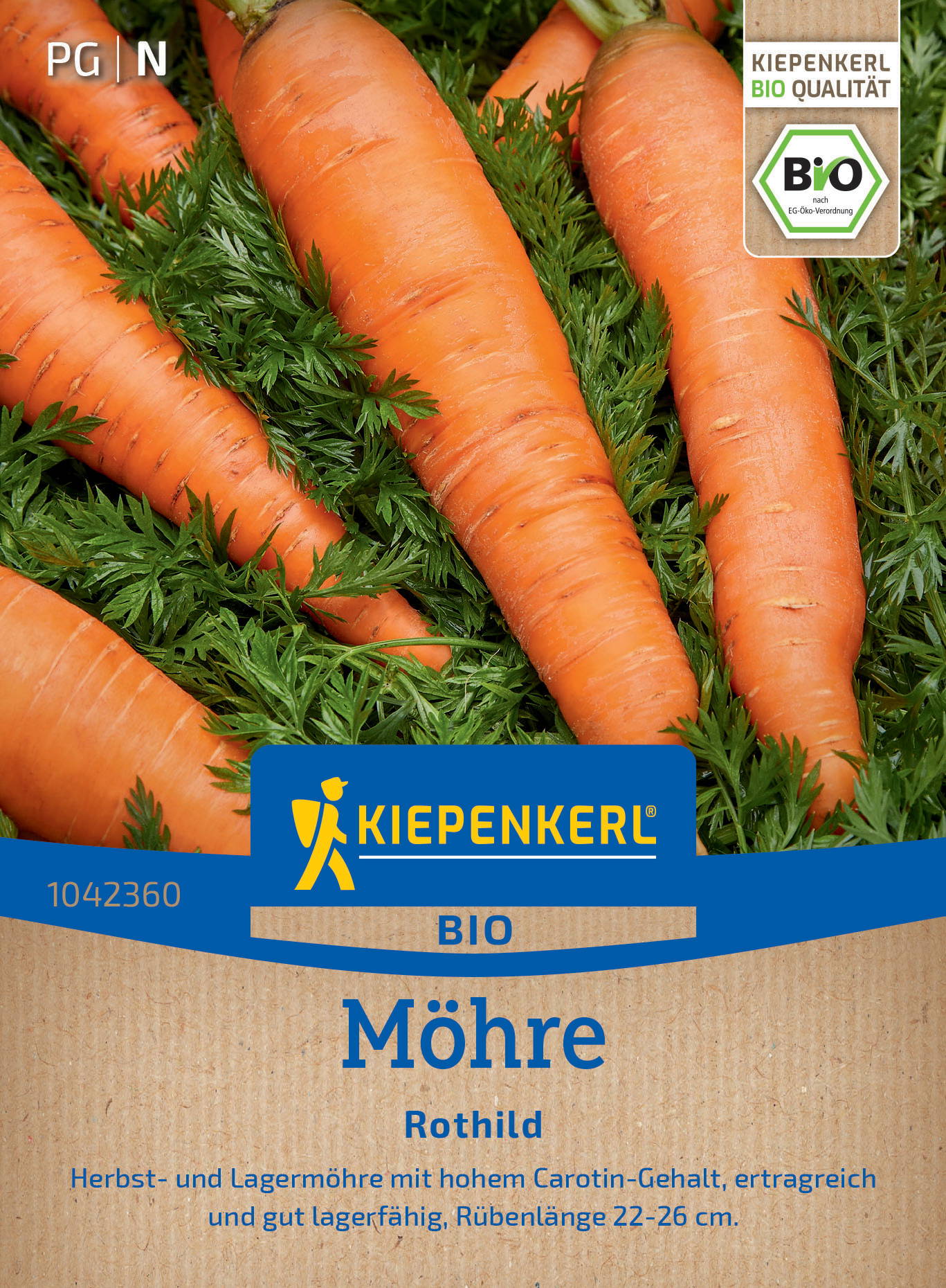 Bunte Karotten mit grünen Blättern auf der Verpackung eines Bio-Möhren-Saatguts.