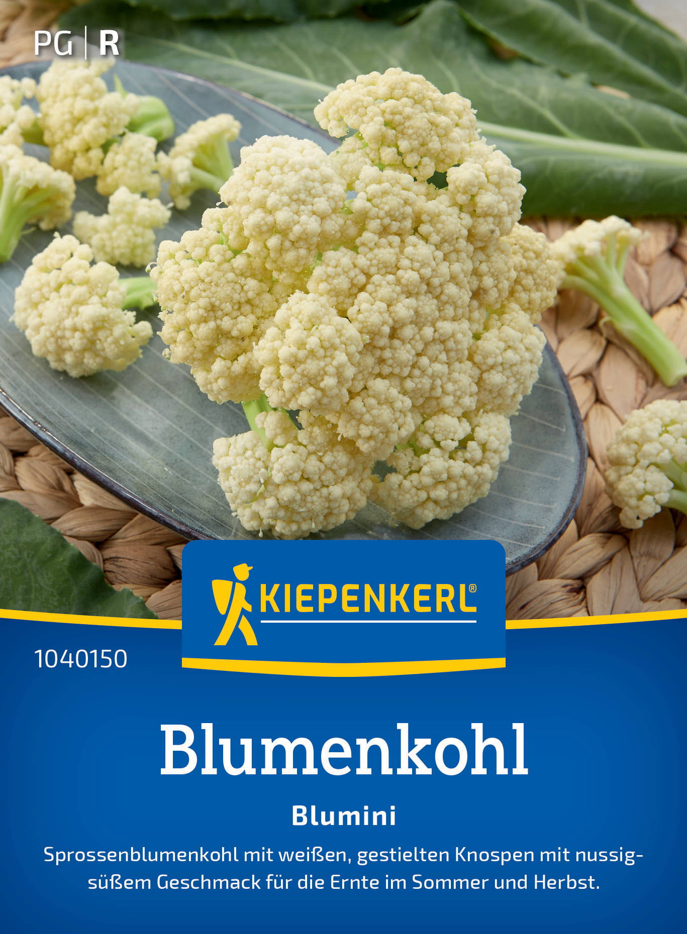 Blumenkohl mit weißen, gestielten Knospen auf einem blauen Kiepenkerl-Etikett.