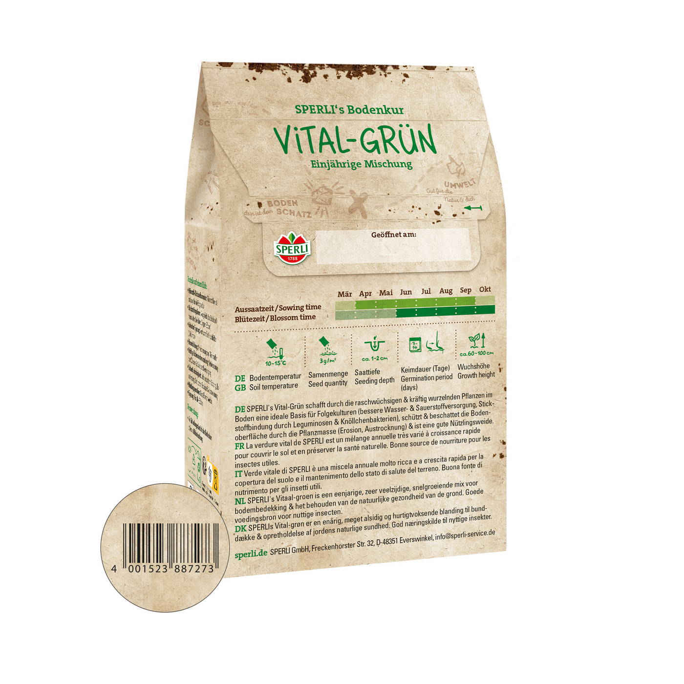 Beutel mit grüner Vital-Gemischung, Schutzanweisung, Barcoded Aufdruck, und Text in mehreren Sprachen.