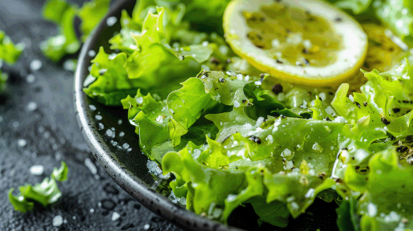 Grüner Salat mit Zitronenscheiben, Salz und Pfeffer in einer Schüssel