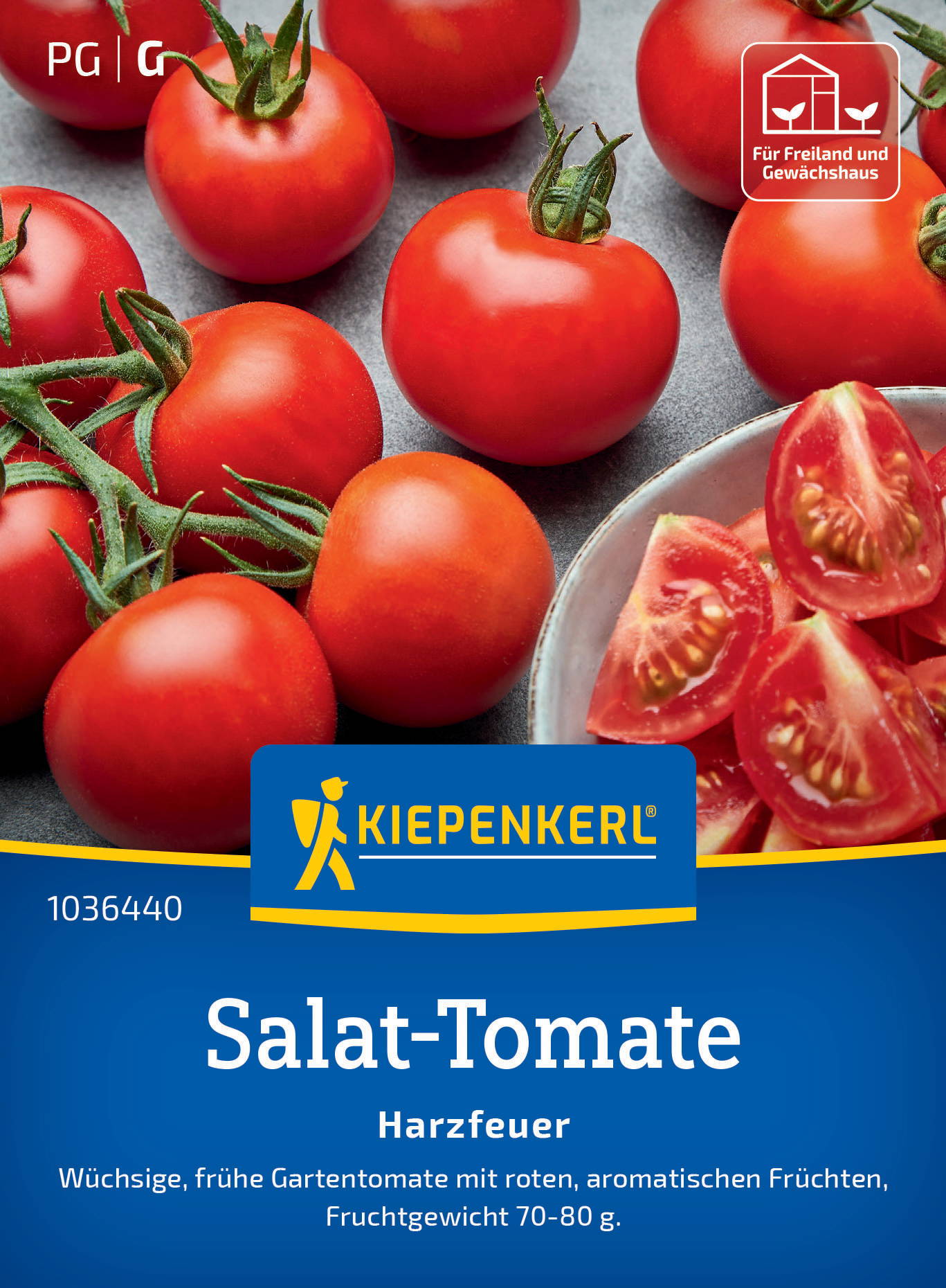 Rote Salattomaten mit grünen Stielen, einige halbierte, auf grauem Hintergrund, Verpackungsbild.