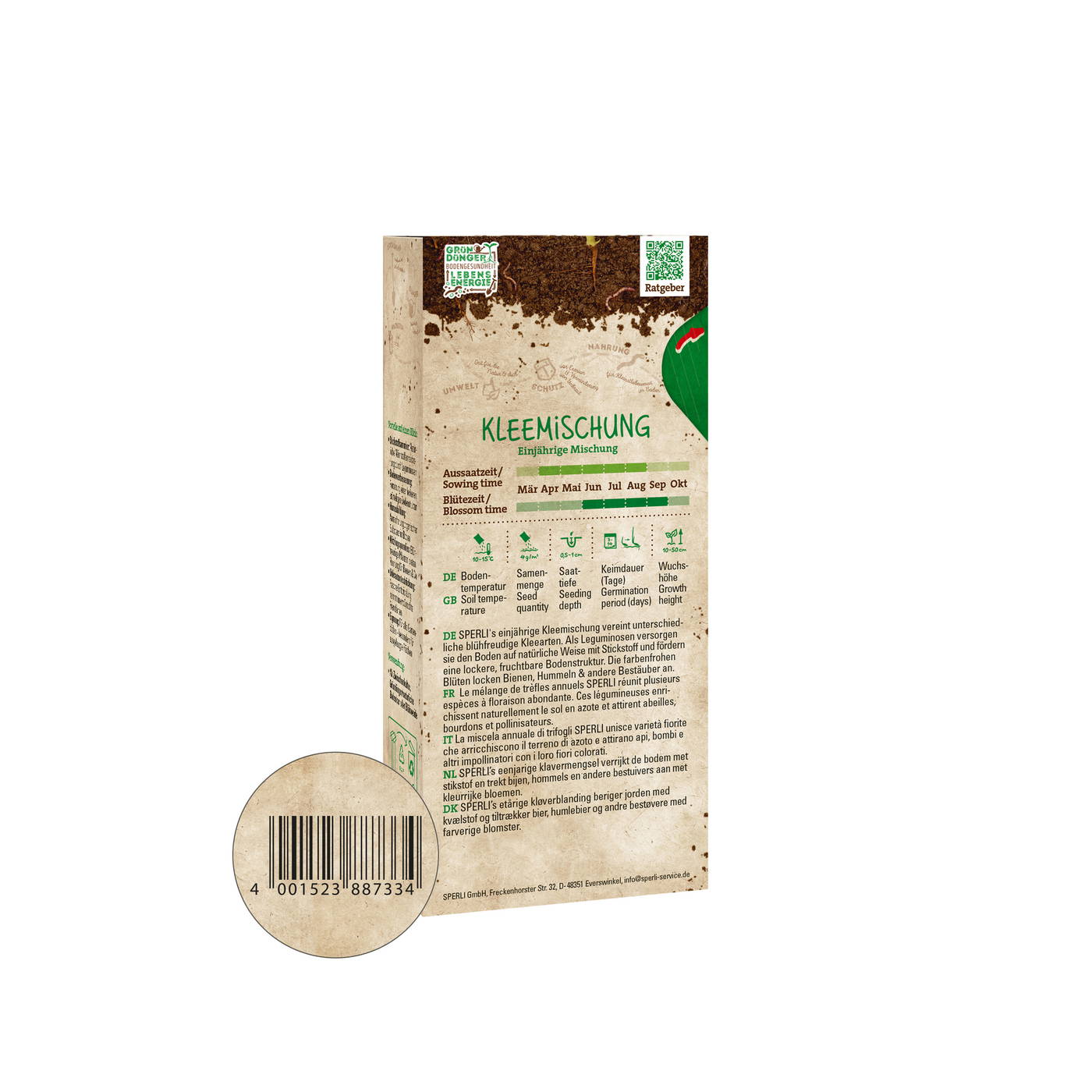 Samentüte mit Bodenprobe, Samen, Blüte- und Wuchshöhe, Text in mehreren Sprachen, Barcode und QR-Code auf Verpackung.