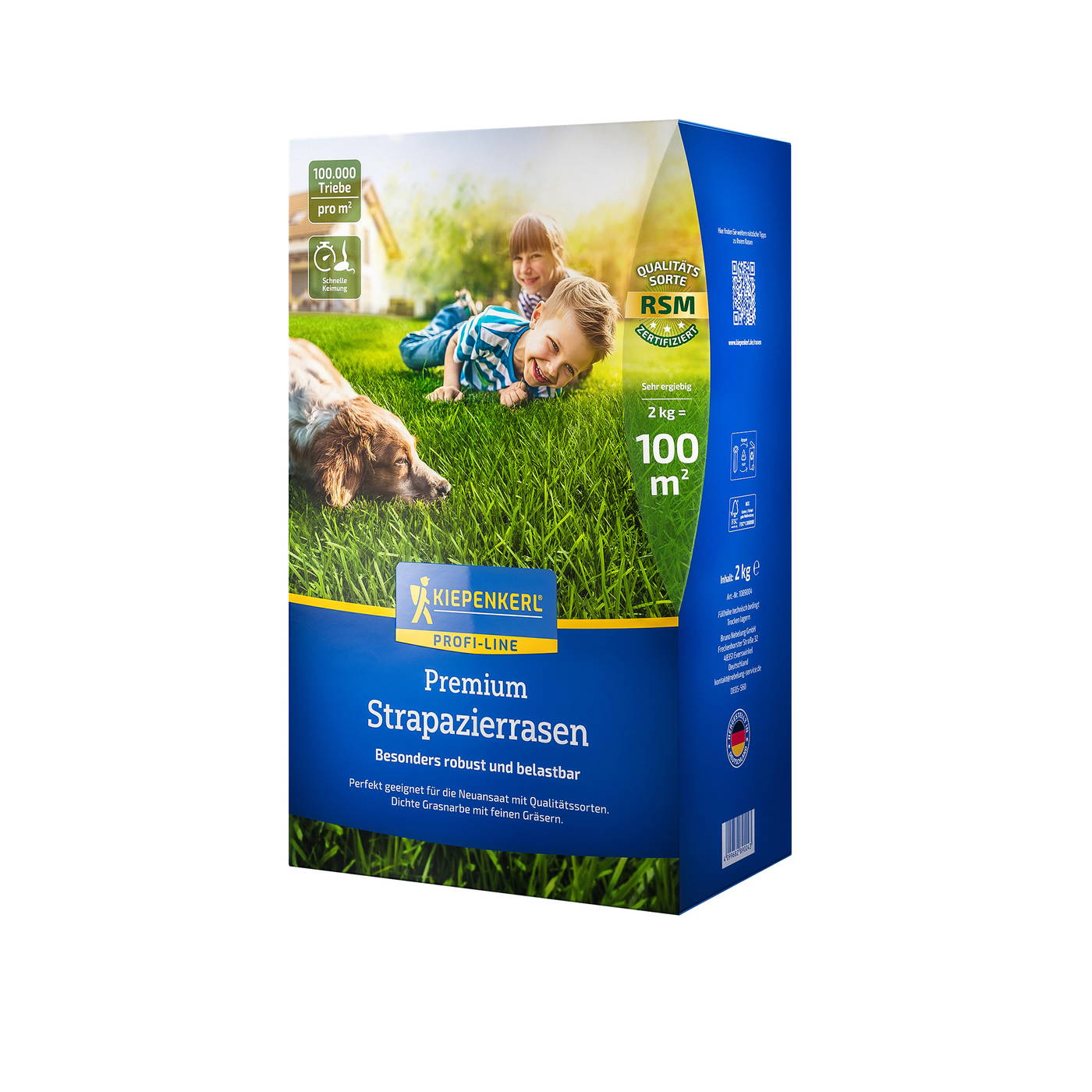 Bunte Verpackung mit Bild von zwei lachenden Kindern und einem Hund auf grünem Rasen.