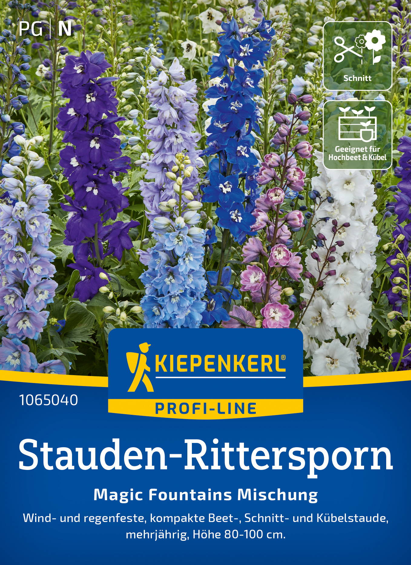 Bunte Stauden-Rittersporn in einem Blumenbeet mit blauen, violetten, weißen und pinken Blüten.