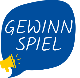 Ein blauer Sprechblasensymbol mit weißen Textworten Gewinnspiel und einem gelben Megafon darunter.
