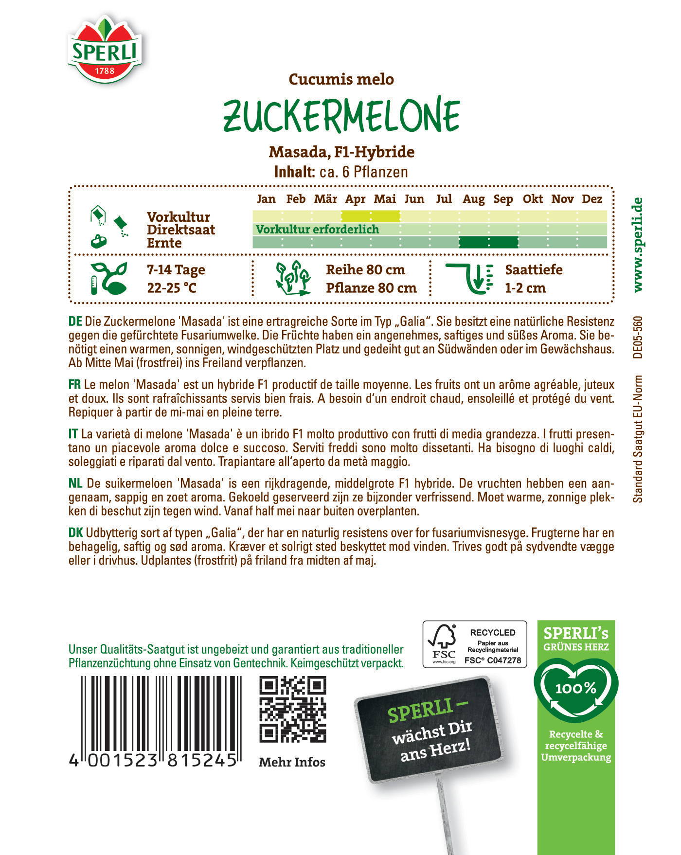 Bild mit grünem Kürbis-Symbol, Text und QR-Code, enthält Informationen zur Zuckermelone Masada, Anbau, Ernte, Pflanzzeit.