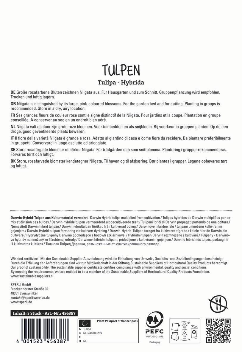 Beschreibungstext für das Bild:  
Informationen über die Samen, Pflanzung und Pflege der Tulipa Hybrida in mehreren Sprachen.
