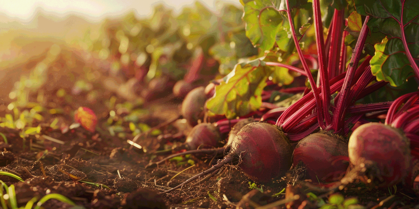 Boden mit ausgewachsenen roter Rüben und grünen Blättern in der Abendsonne.