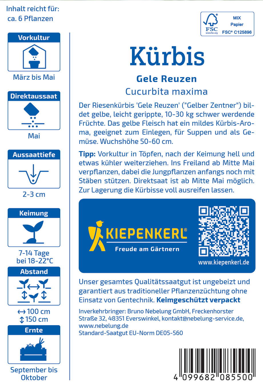 Gelber Kürbis mit Pflanzanleitung, QR-Code, Logo und Hinweistext.