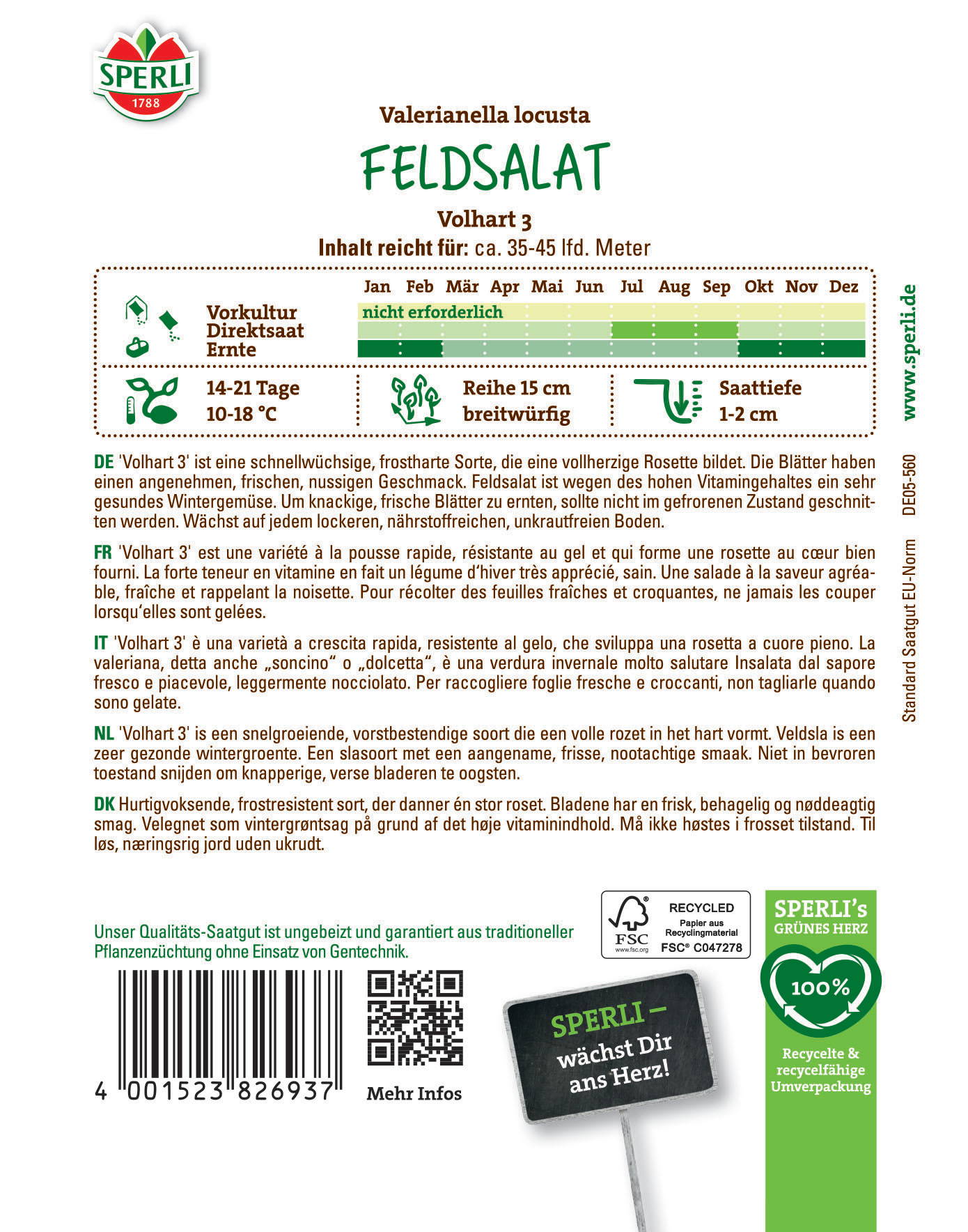 Paketbeschreibung für Vulkanienella locusta Feldsalat, Infos zu Anbau, Ernte und Pflege auf Etikett.