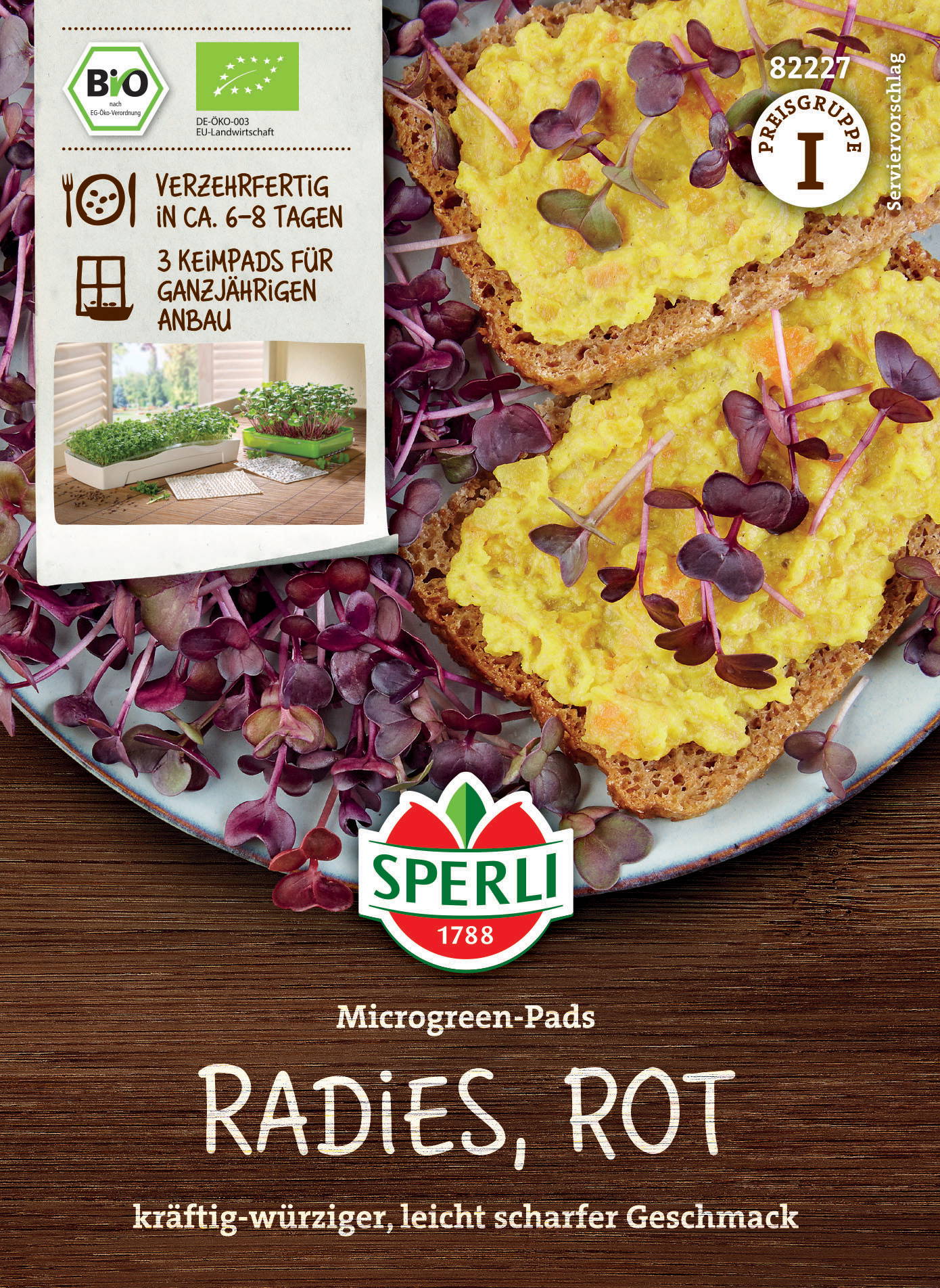Geröstete Radieschen mit Senfaufstrich und Microgreens auf Vollkornbrot.