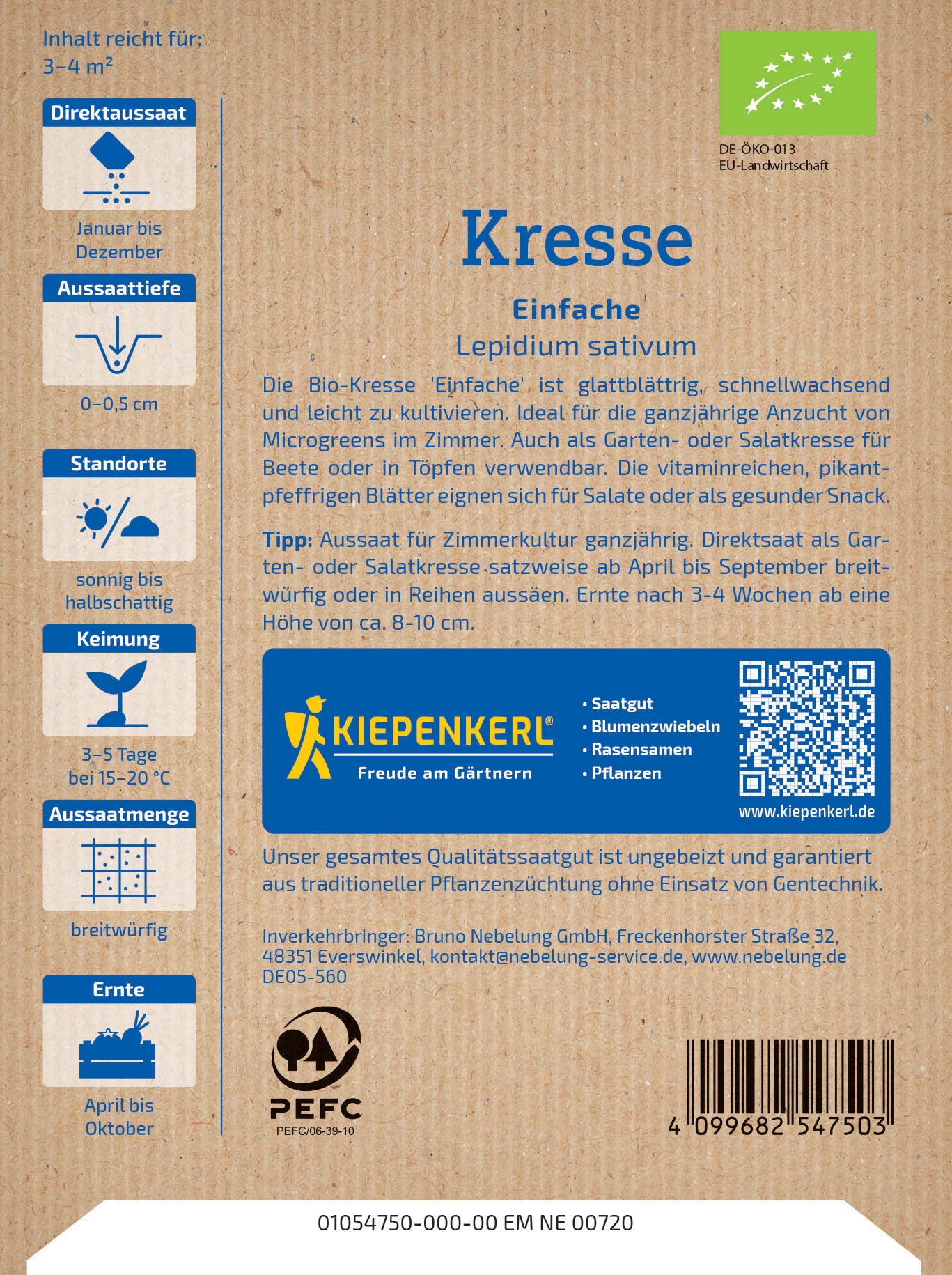 Papiertüte mit Text, QR-Code, Barcode, Logos, Symbolen und Kontaktinformationen.