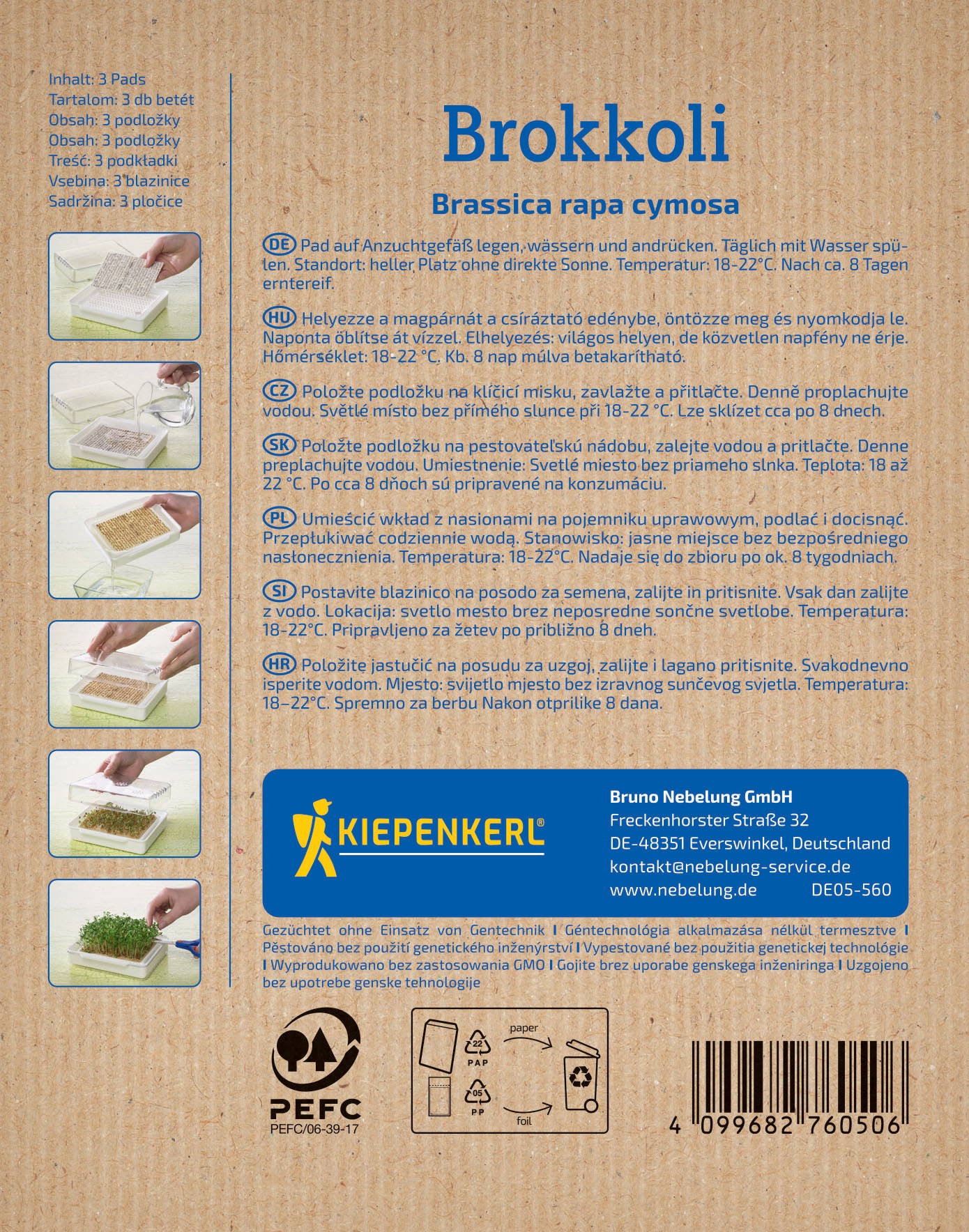 Anleitung und Bilder zum Keimung von Brokkoli-Samen in einer Anzuchtdose mit Wasser.