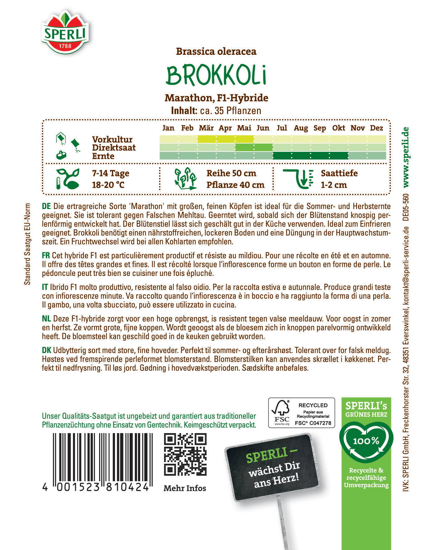 Paket mit Brokkoli Saatgut, mit Anbauinformationen, deutsche Hinweise, QR-Code und Barcode.