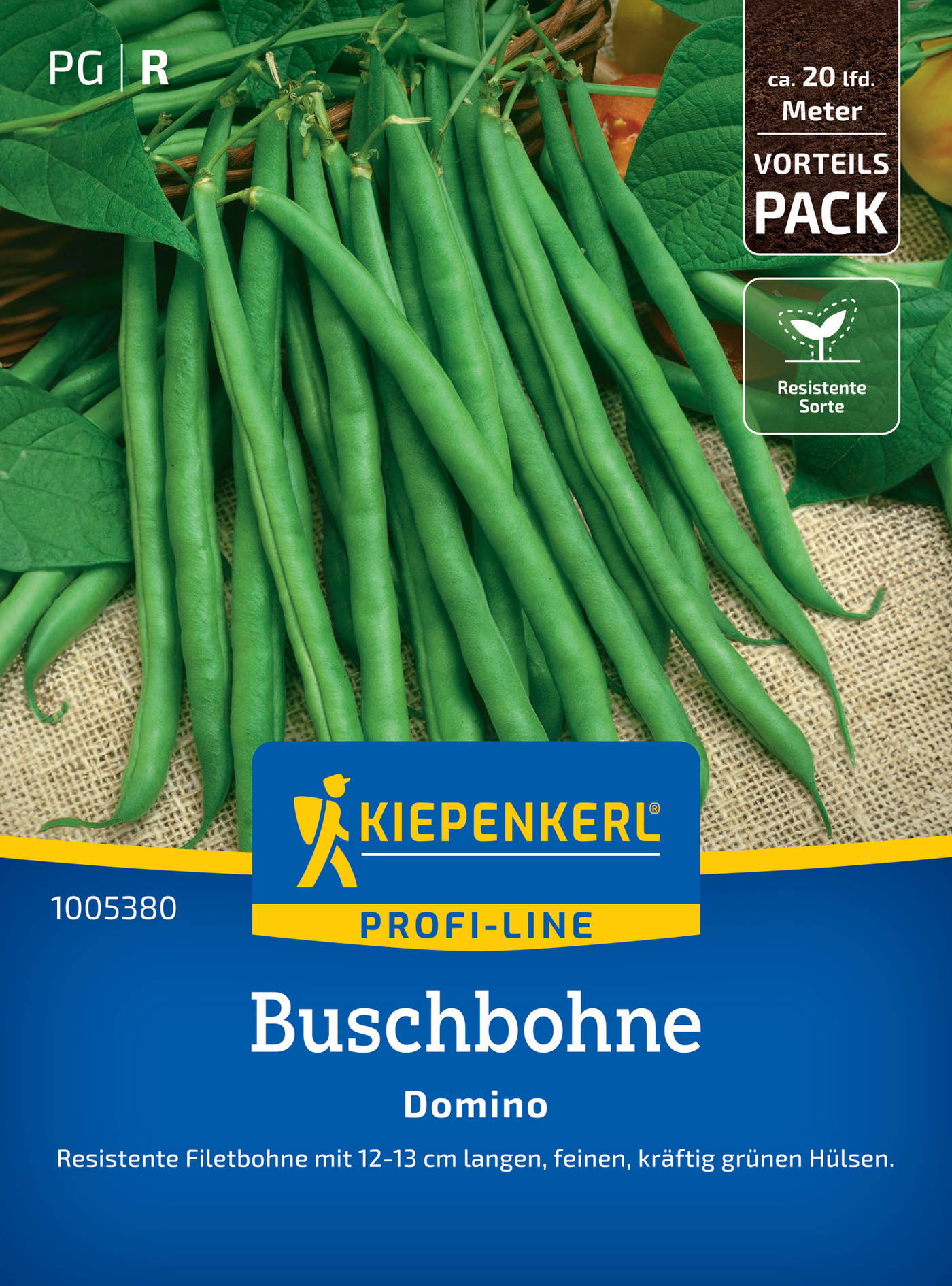 Grüne Buschbohnen auf einer Verpackung mit blauer Beschriftung und Gelb Details, darin steht "Buschbohne" und "Domino".
