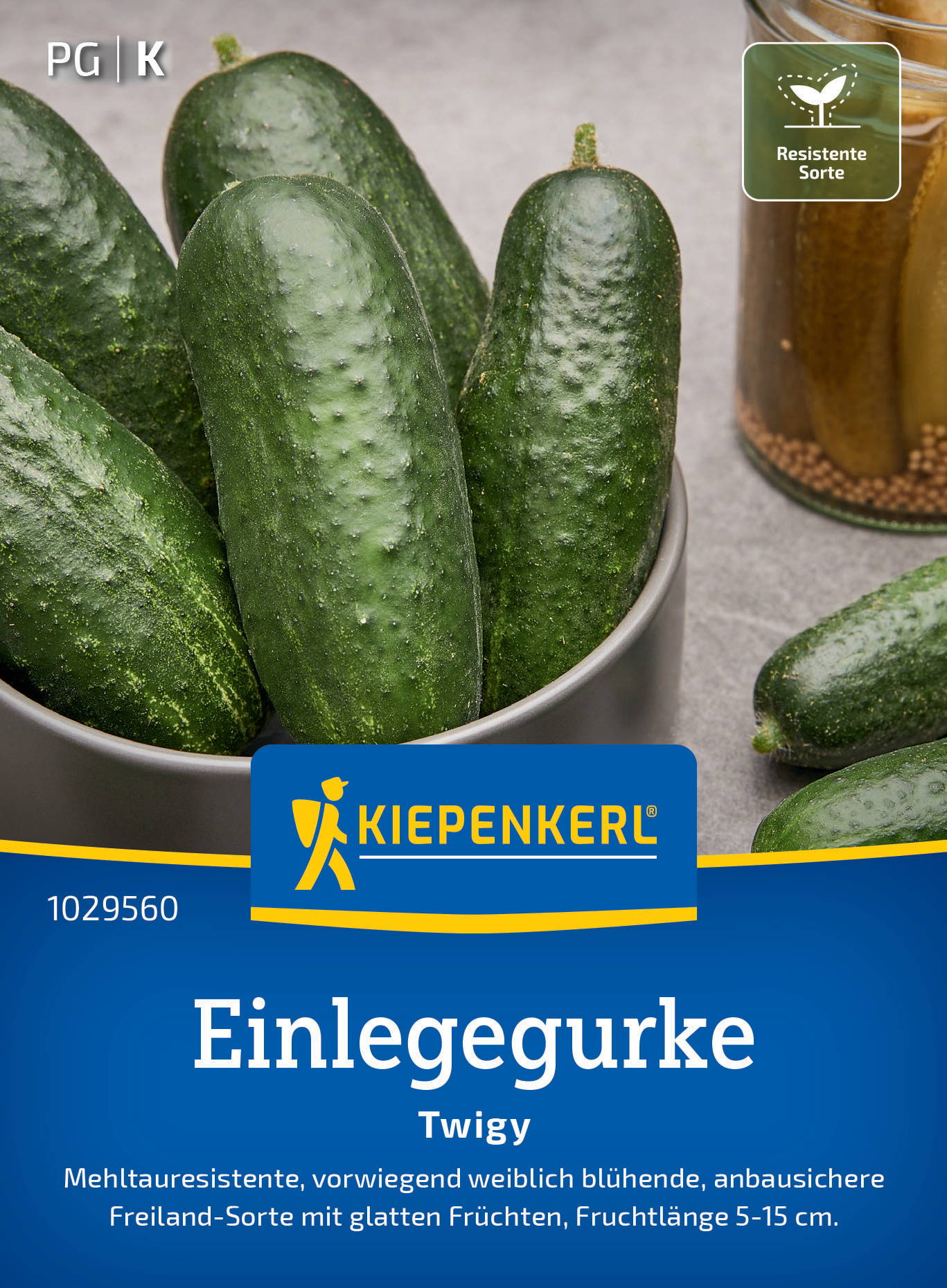 Grüne Gurken in einer Schale neben einem Glas mit eingemachten Gurken im Wasser.