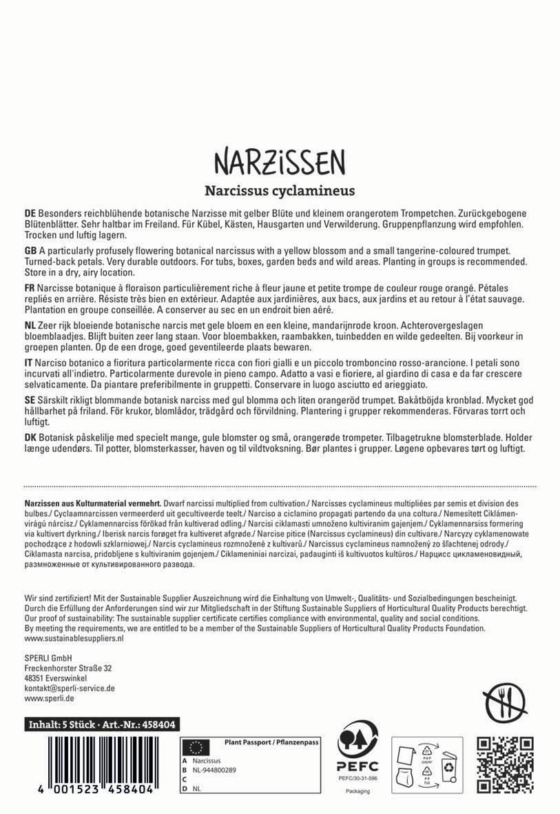 Buchstabe und wissenschaftlicher Name eines botanischen Narzissens, Beschreibung in mehreren Sprachen, Barcode und Symbole.