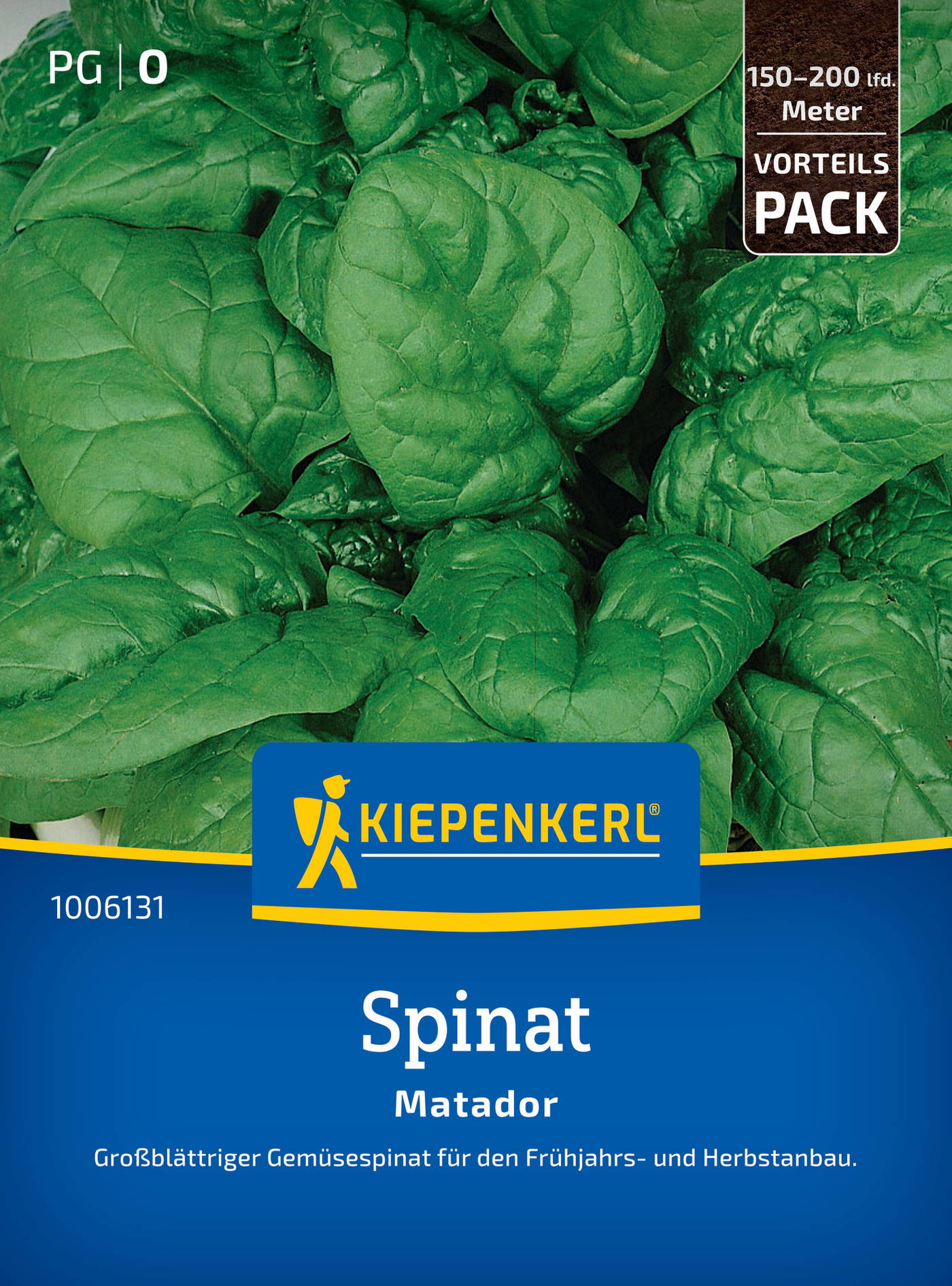 Nahaufnahme grüner Spinatblätter auf Verpackung mit blauer und gelber KIEPENKERL Beschriftung.