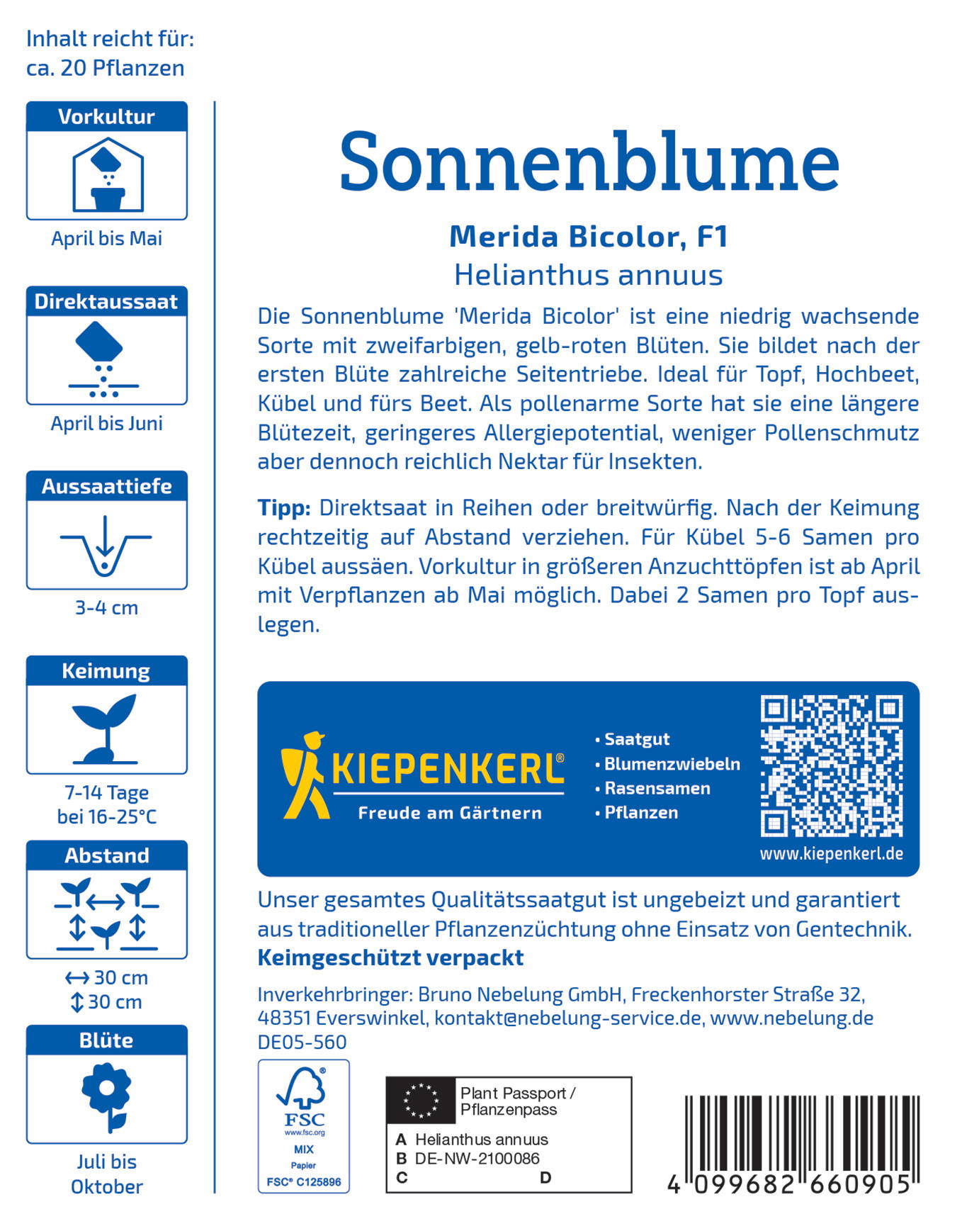 Beschreibung: Pflanzensamen, mit Angaben zu Sorte, Blütezeit, Keimdauer, Abstand und Pflanztipps.