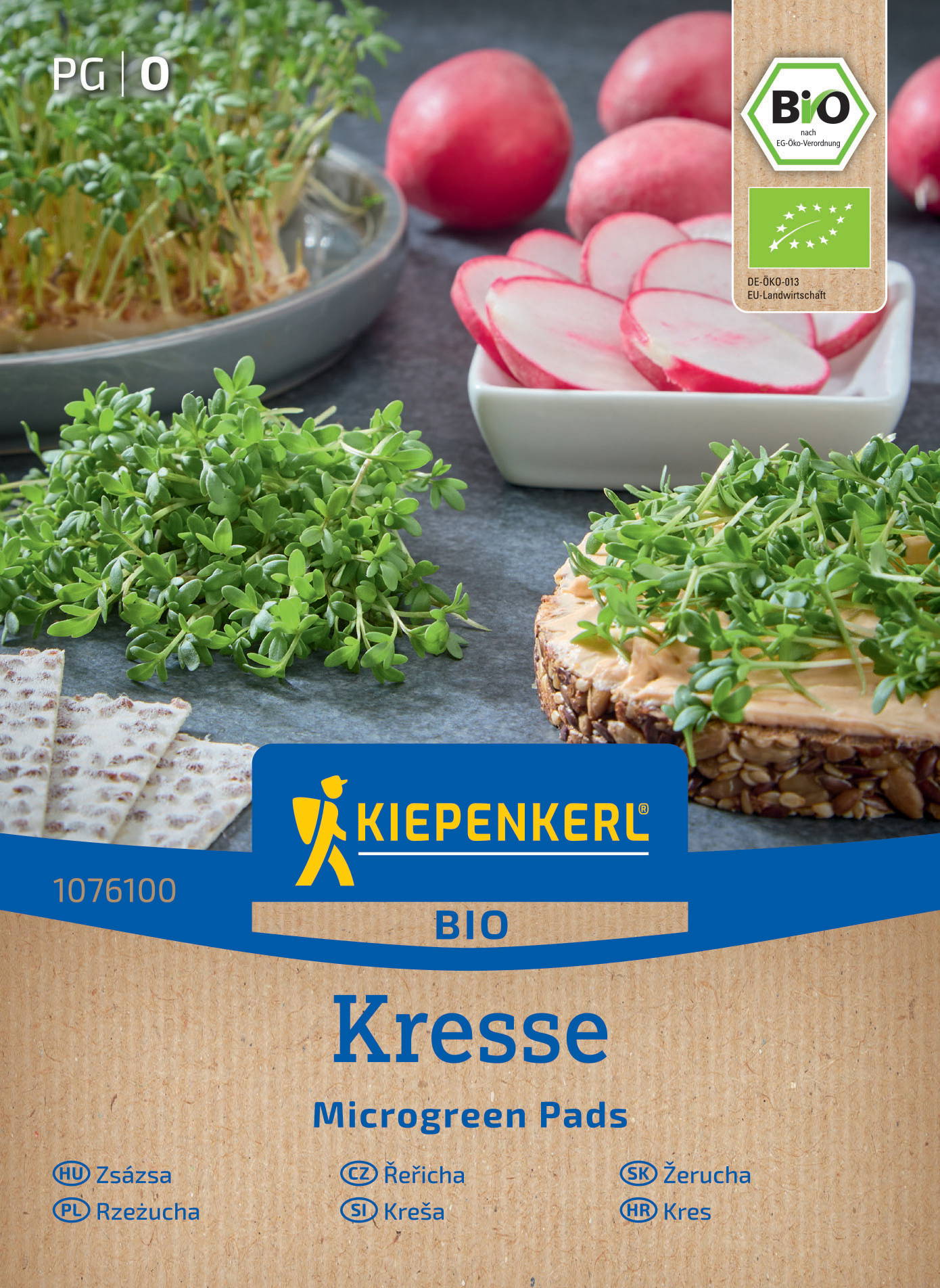Frische Radieschen, Kresse, Sprossengemüse, Käsescheibe, Wassergemüse in Schüssel, Bio-Label, Kiepenkerl Verpackung