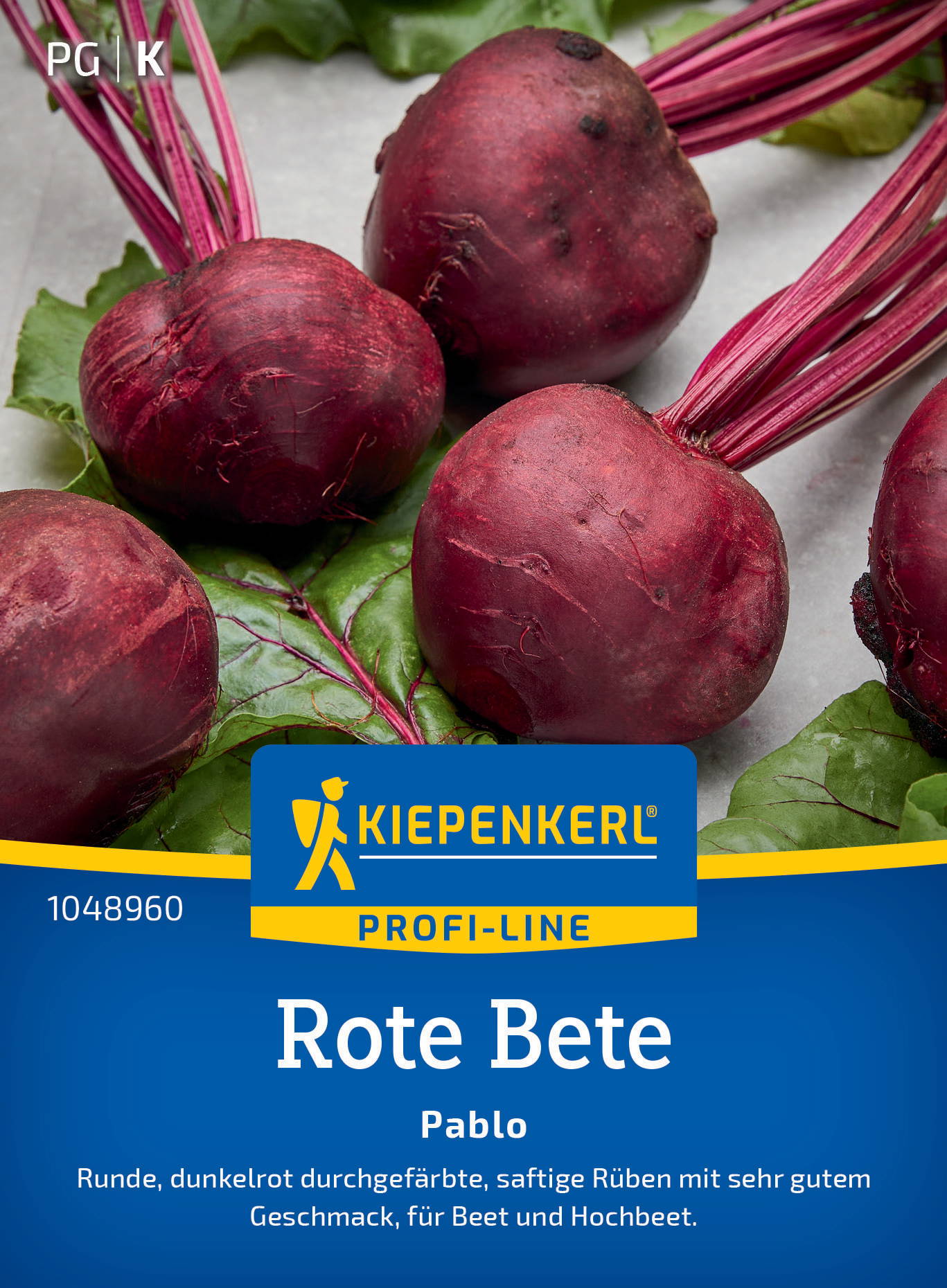 Rote Rüben mit grünen Blättern, auf Verpackung mit blauem und gelbem Kiepenkerl-Logo.