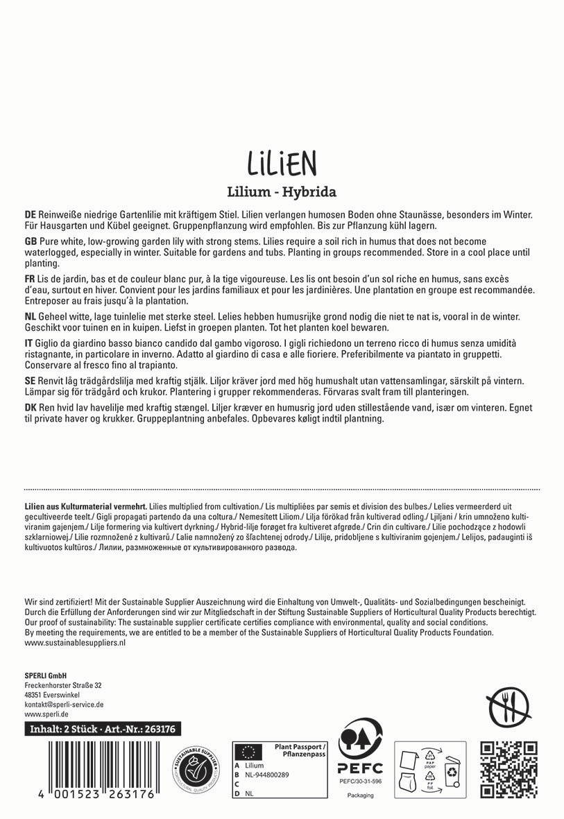 Vorderseite eines mehrsprachigen Textes über Lilien, mit Produktinformationen und Zertifizierungen.