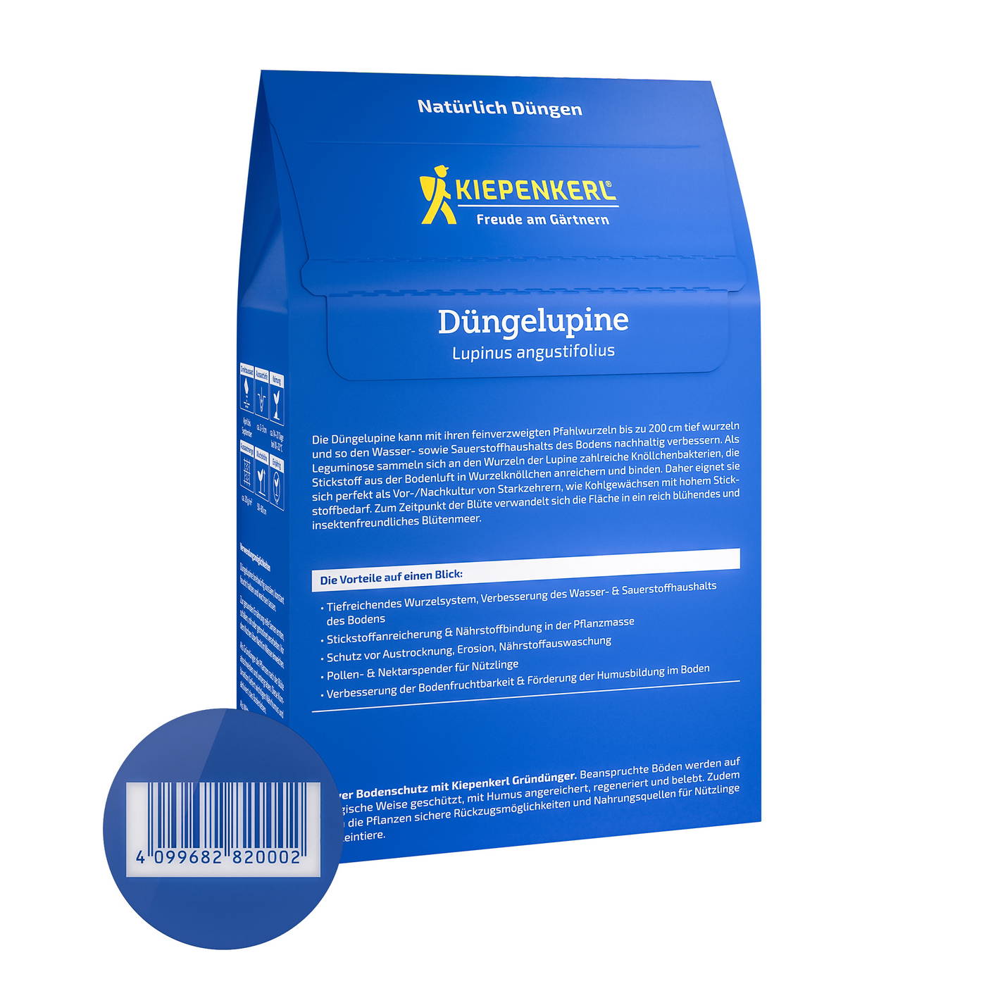 Blaues Pappkarton mit weißen und gelben Schriftzügen und Barcode, Produktname Düngelpine auf der Vorderseite.