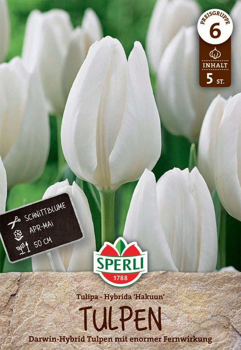 Weiße Tulpen mit grünen Blättern auf dem Verpackungsbild.