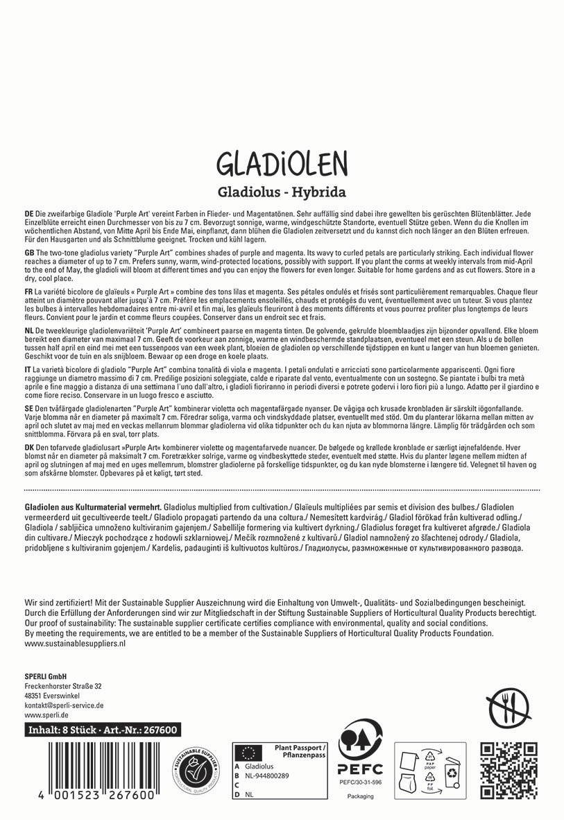 Text mit Pflanzenbeschreibung und Zertifizierungsinformationen auf mehrsprachigem Hintergrund.