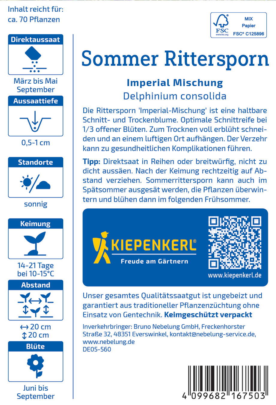 Packungsbeschreibung von Sommer Rittersporn Samen mit Pflanzinformationen und Hinweise.