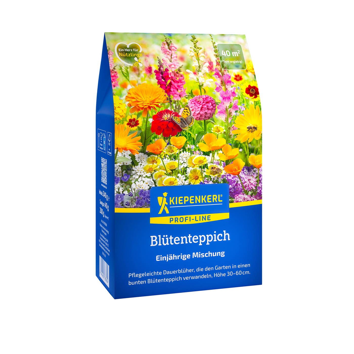 Bunte Blumen- und Schmetterlingsmotive auf blauer Verpackung für Kiepenkerl Blütenteppich.