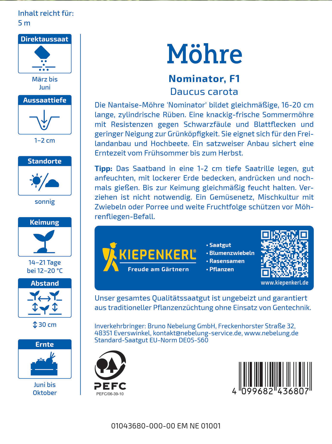 Draufsicht auf eine Samenpackung mit blauer Gestaltung, Text, QR-Code, Barcode und PEFC-Logo.