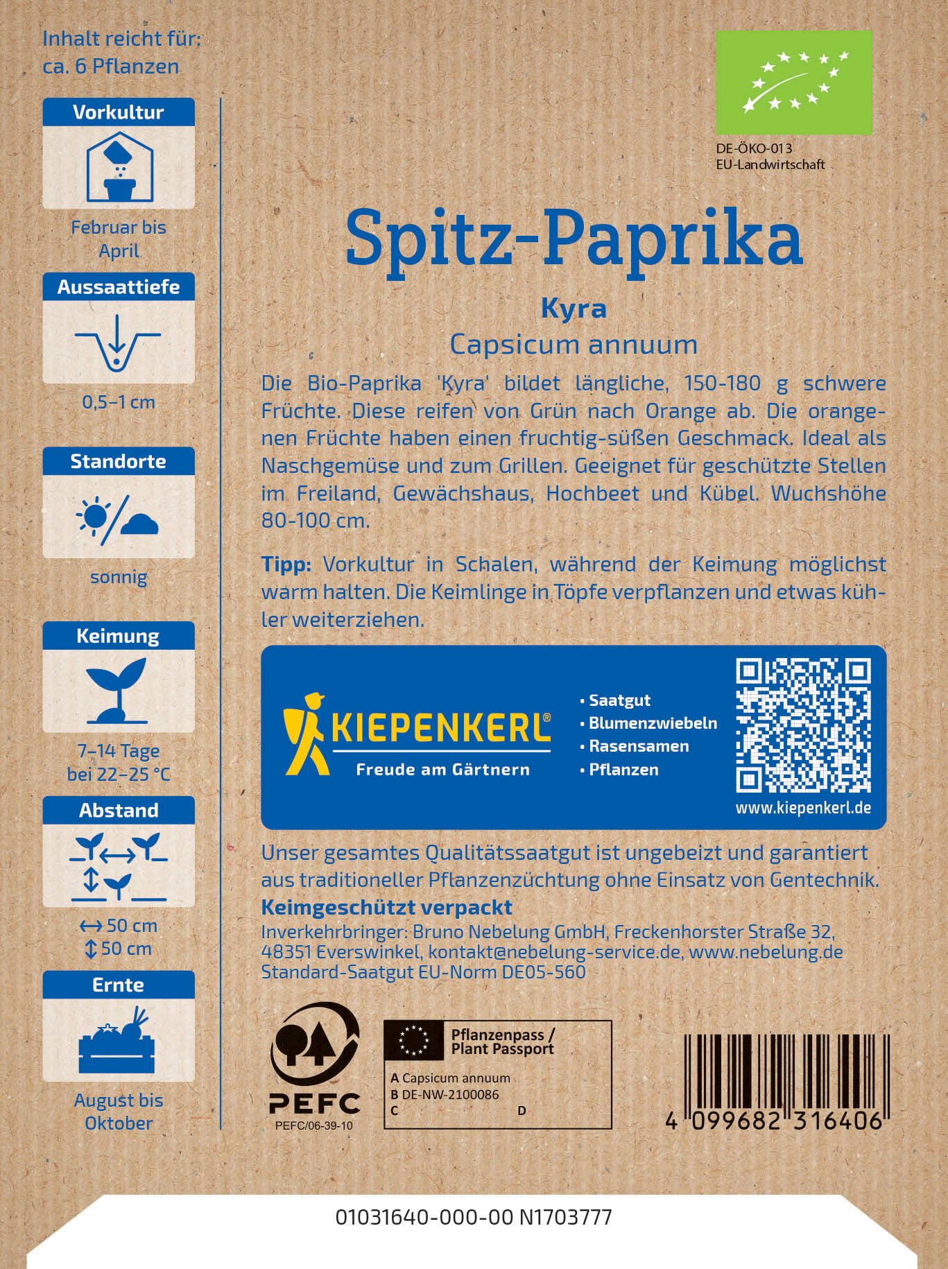 Grafik mit grüner EU-Umweltplakette, Text und QR-Code auf braunem Hintergrund mit Textinformationen in Blau font.