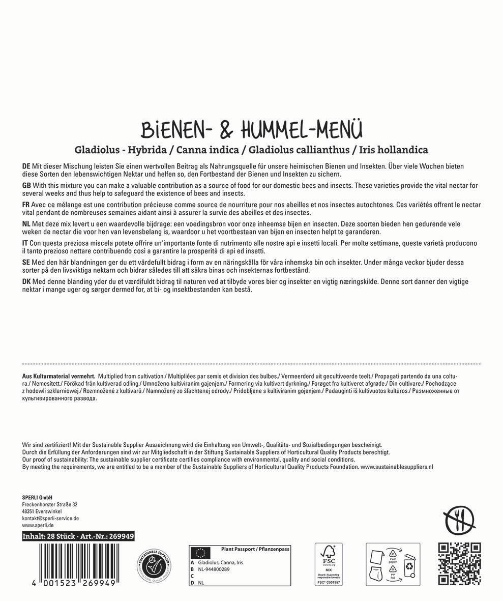 Textplatte mit Beschreibung verschiedener Bienen- und Hummelarten sowie Text in mehreren Sprachen auf weißem Hintergrund.