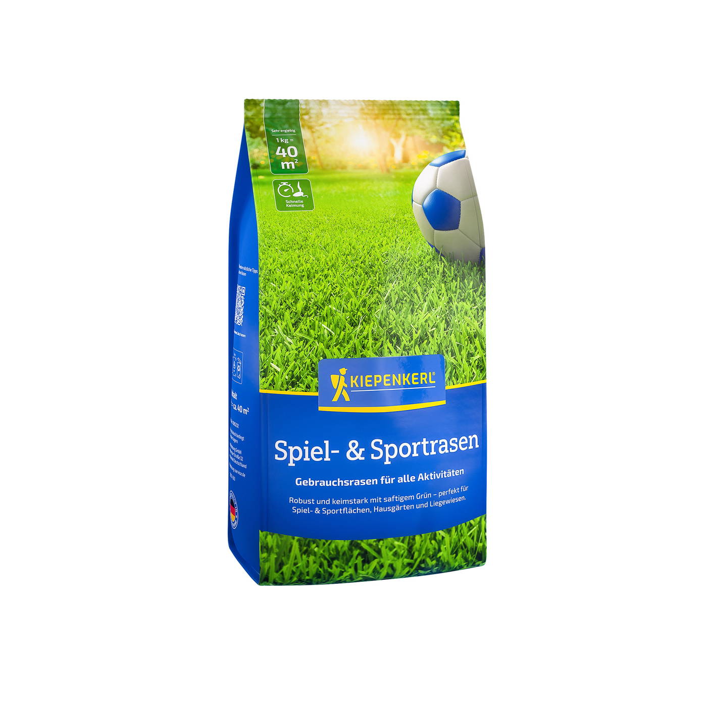 Blaue Verpackung mit Grasbild, weißem und blauen Fußball, Kiepenkerl Logo, Bezeichnung Spiel- und Sportrasen.